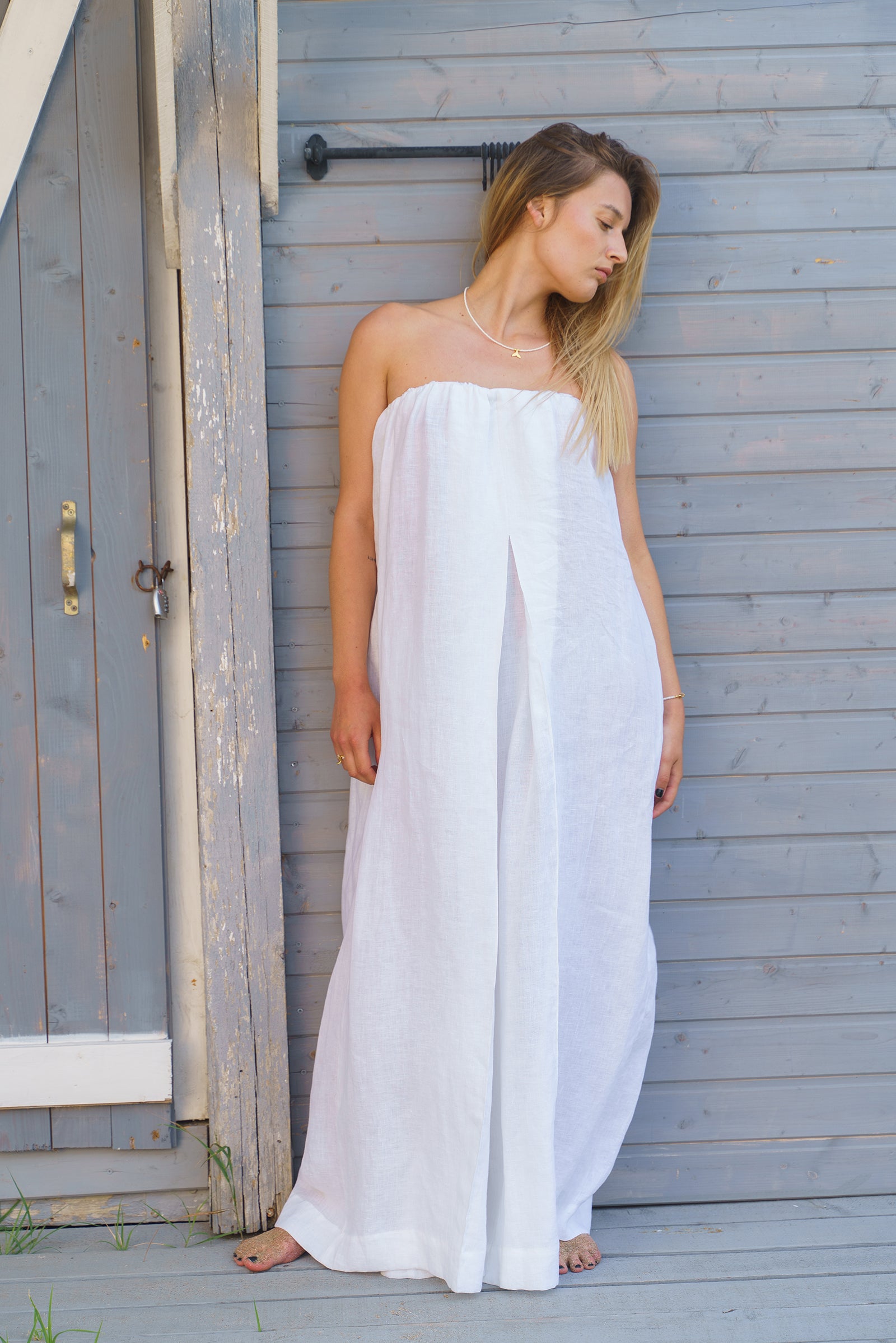 strapless linen jumpsuit