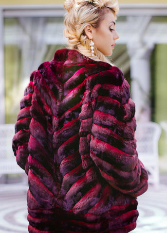 Burgundy Red Chinchilla Fur Coat