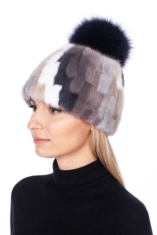 Mink Camouflage Fur Hat With Fox Fur Pom Pom