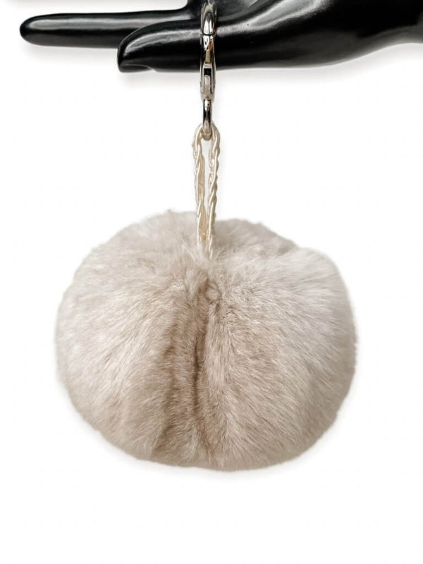 Fox Fur Pom Pom Bag Charm Fur Ball Keyring Beige 