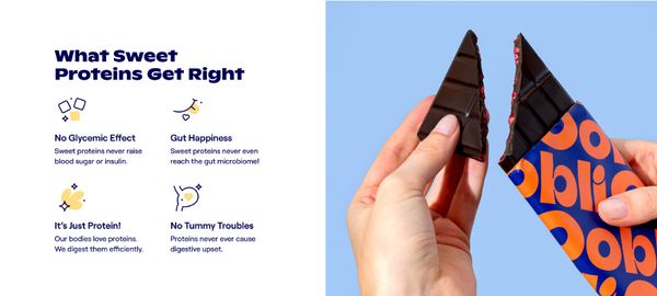 An image for a chocolate bar that uses sweet proteins instead of sugar