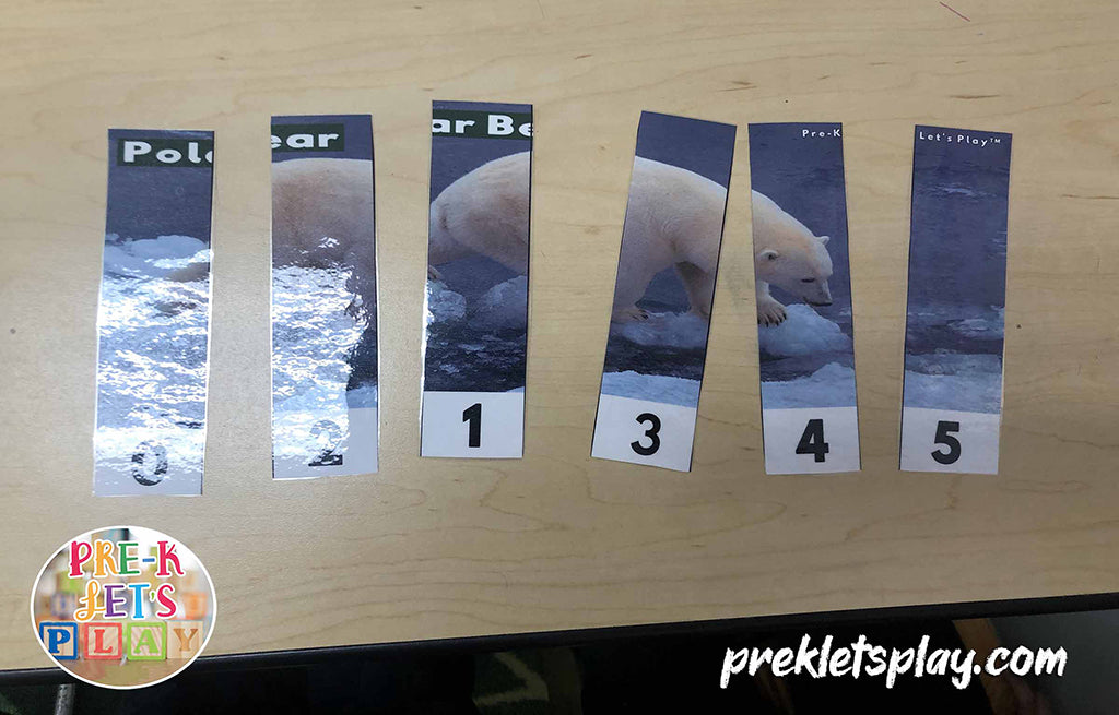 Number strip puzzles of a polar bear arctic animal for kids to practice counting from 0-5.