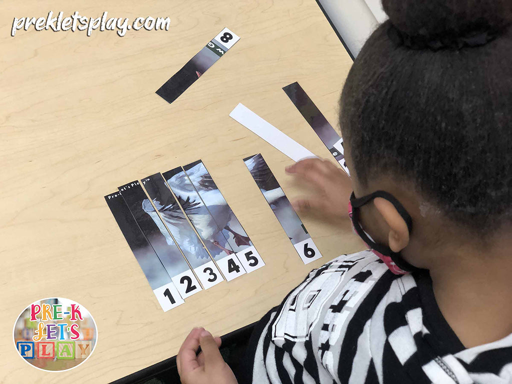 Girl using counting puzzles of a snow goose to practice number order, number recognition, and counting from 1-10.