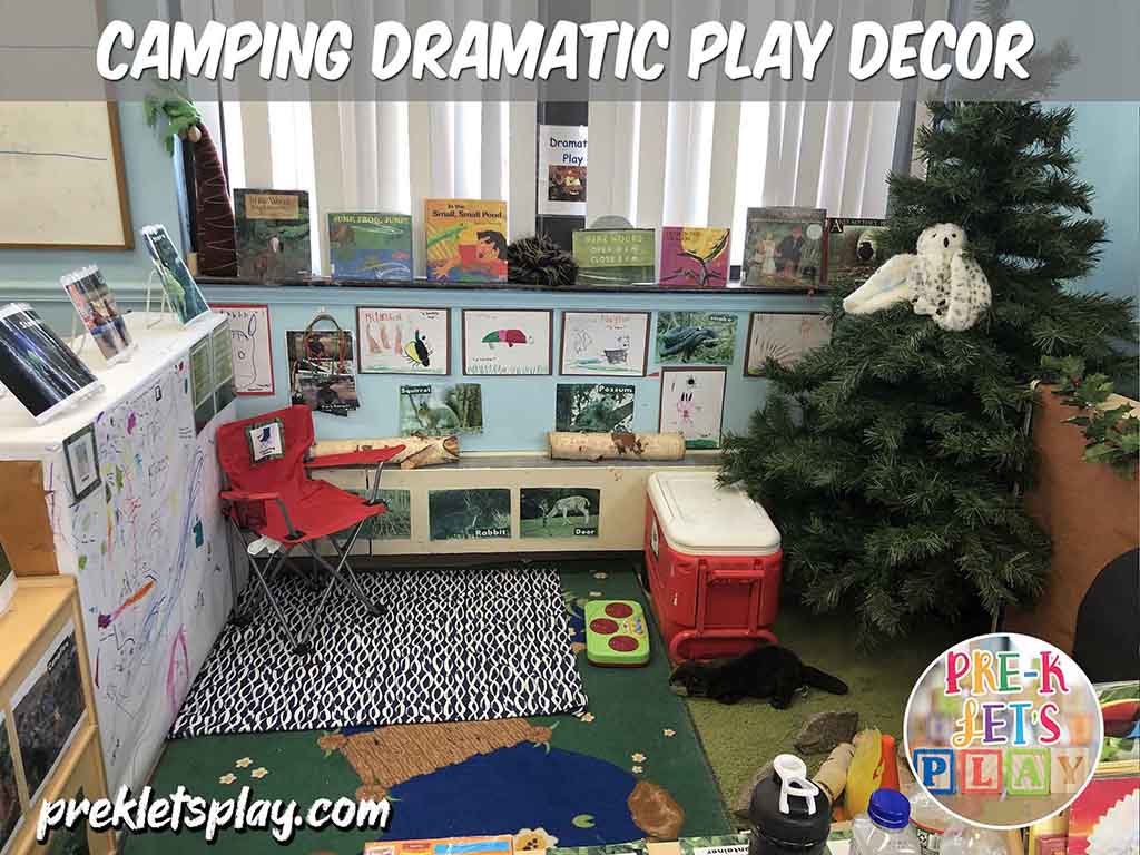Students love to play and learn inside this camping dramatic play theme. This pretend play area features tons of classroom decor to make this imiginative play space look like a campsite and woodlands.