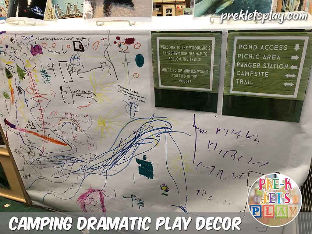 A great classroom design idea for your camping dramatic play center is to furniyure as a prop. Here I placed large white poster board paper onto the back shelves. Students love it and can turn this section into a map area of the woodlands. This is great for classroom decor and showcasing their preschool art.