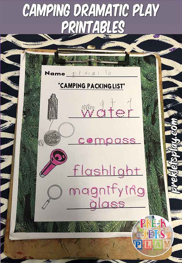 Here is a dramatic play camping list printable created by PreK Lets Play. Students can use these preschool printables for pretend play.