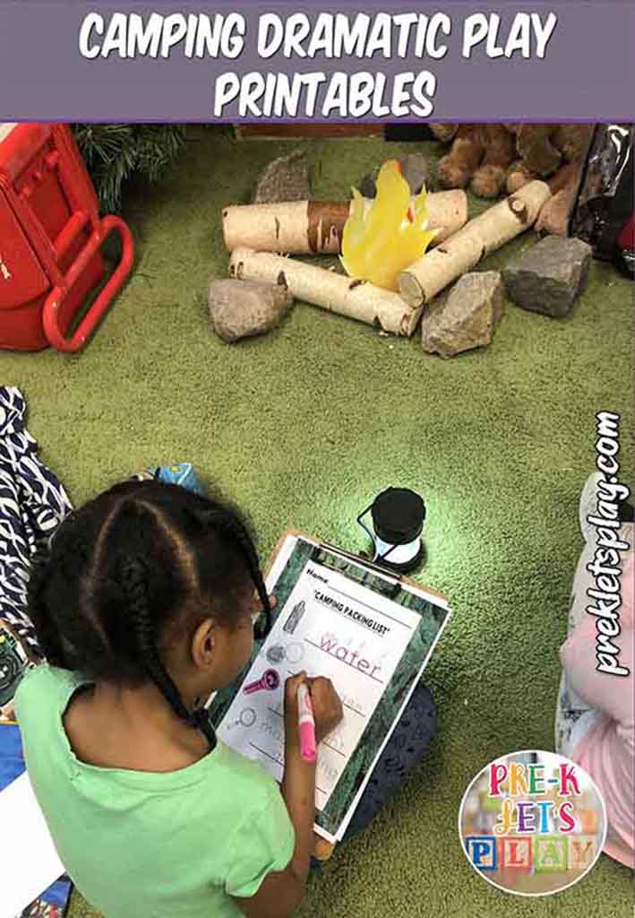 Student writing a list of items needed for her dramatic play camping trip. These preschool printables are great for practicing writing skills. Use this style of play based learning in classroom today.
