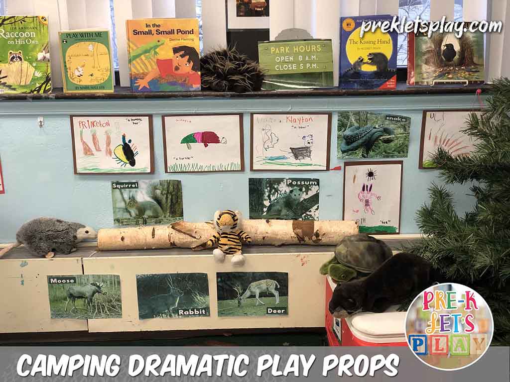 Transform your dramatic play area into the woodlands by adding props as your preschool classroom decor. This style of imaginative preschool play encouarages your students to use pictures, preschool books related to camping, stuffed animals, and even their preschool art as props for this theme.