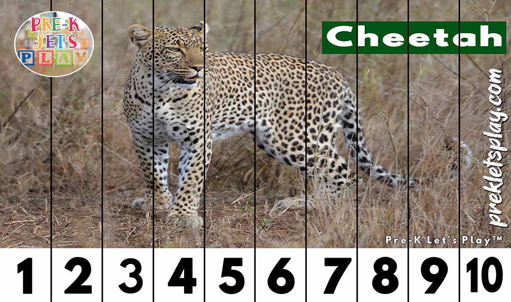 Preschool number strip puzzles of a cheetah for kids to practice counting from 1-10.