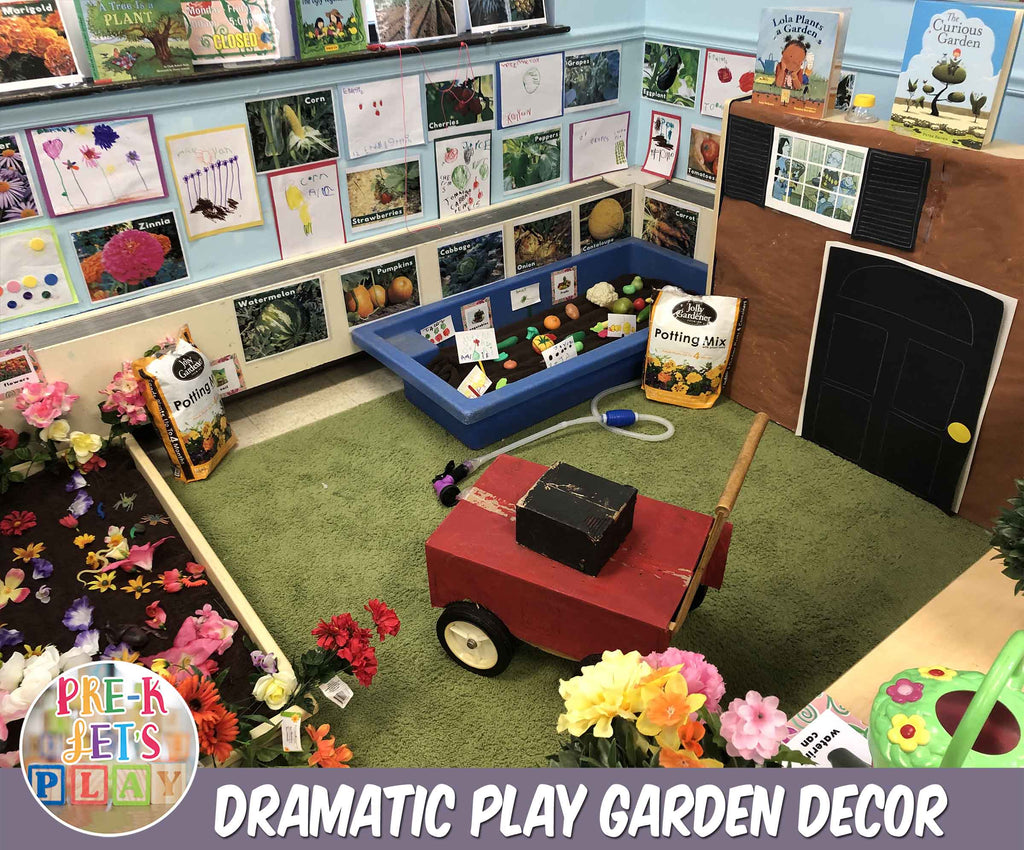 Using garden themed decor in order to transform this dramatic play center into a pretend play garden area.