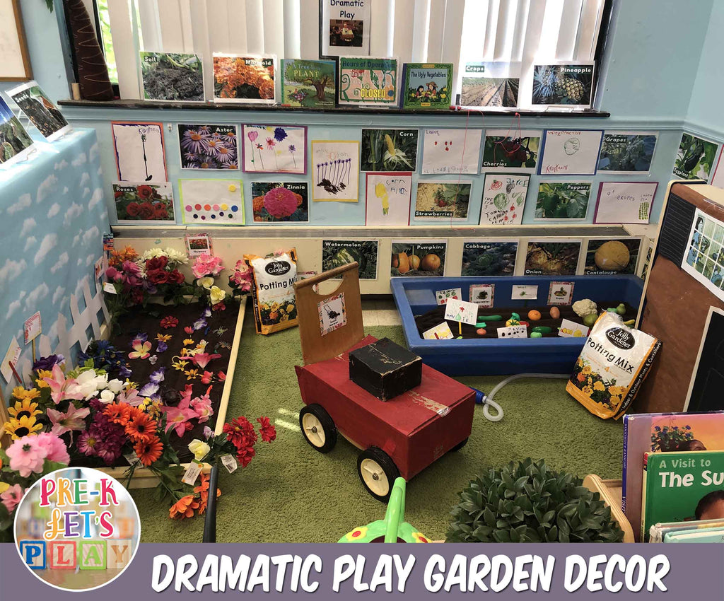 Add a variety of pictures and drawings related to gardening and made by your preschoolers. This is great way to include and support children towards creating their own dramatic play garden theme décor. 