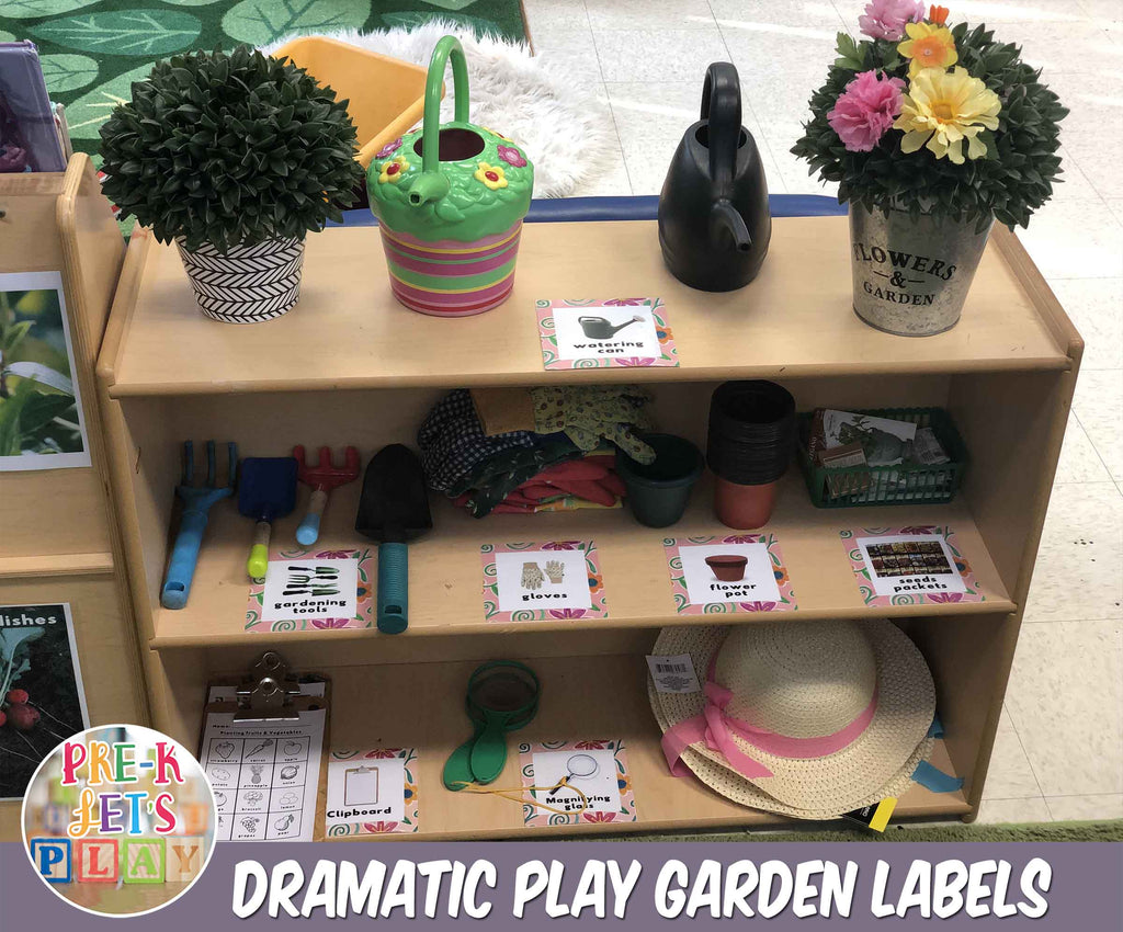 These dramatic play garden labels help preschoolers remember where certain items belong during clean up time.