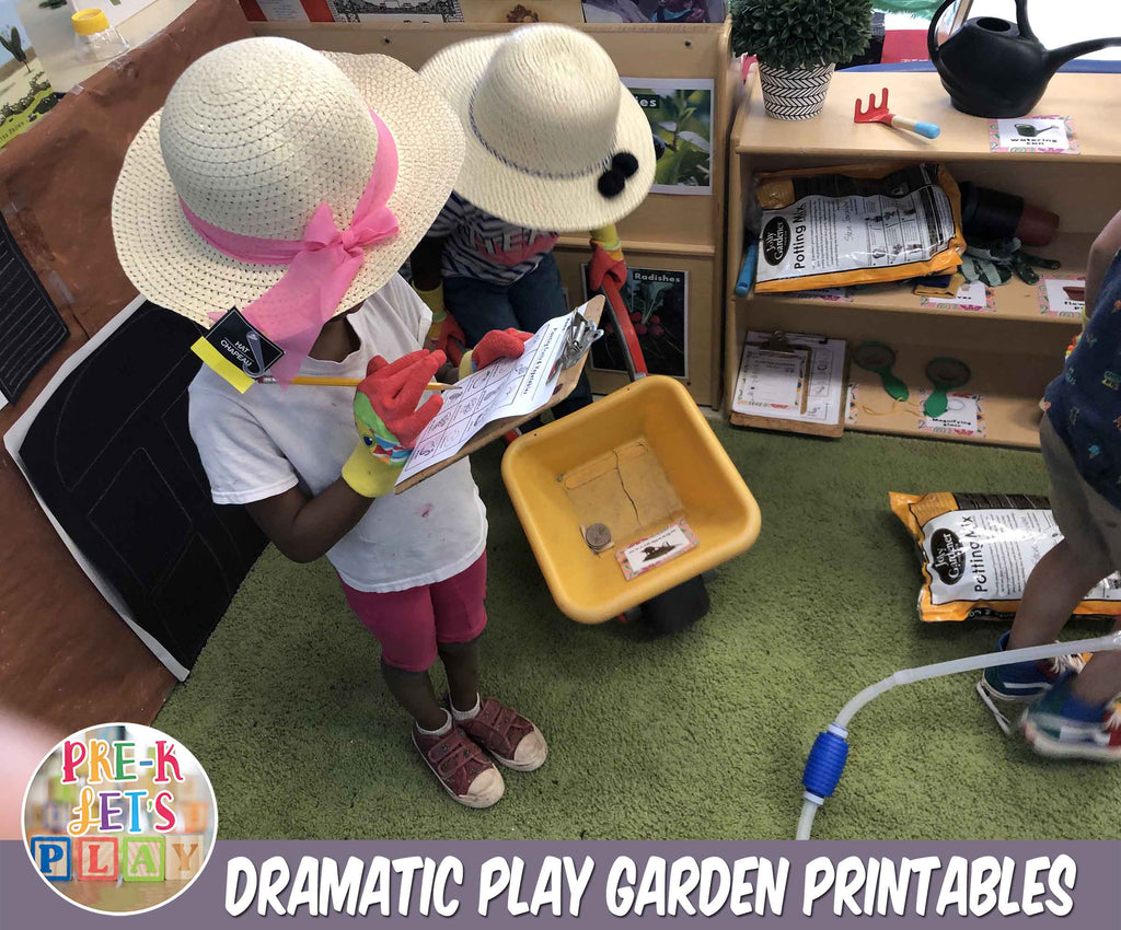 This preschooler is keeping busy by using our dramatic play garden printables to help get her gardening job done.  