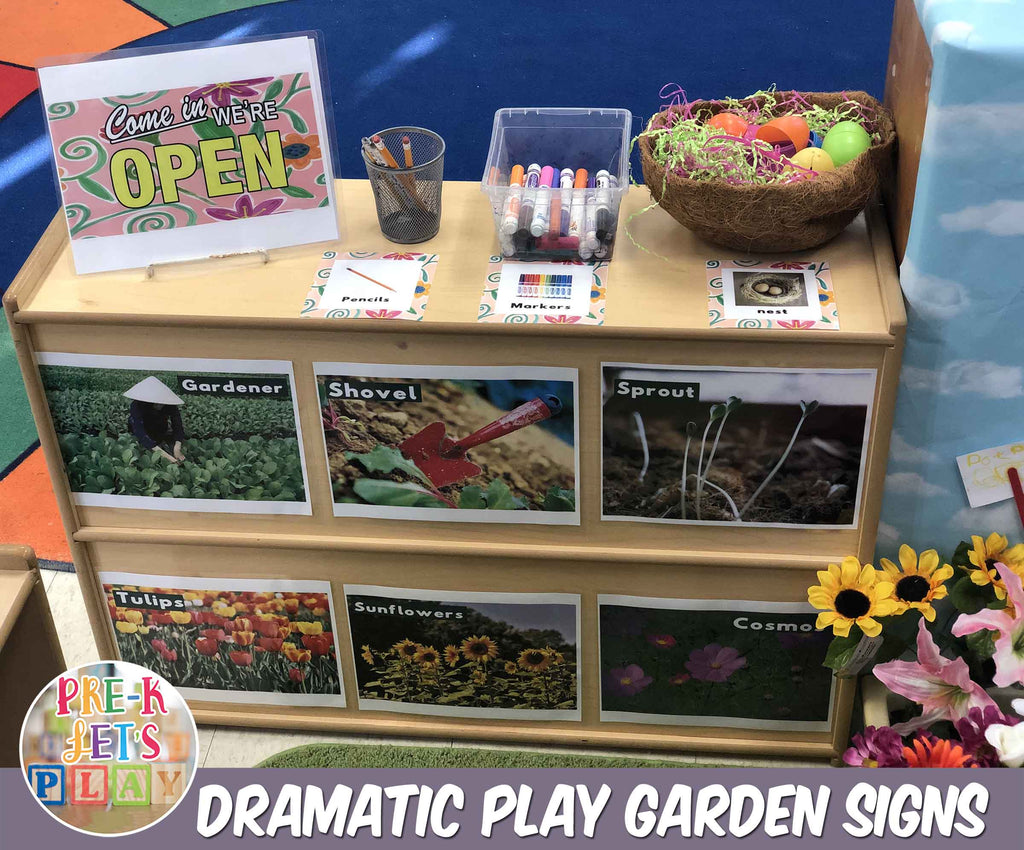 Placing pictures, signs, and labels all around your dramatic play garden center is great for pretend play. This also helps your preschoolers recognize print and understand why it is so important. 