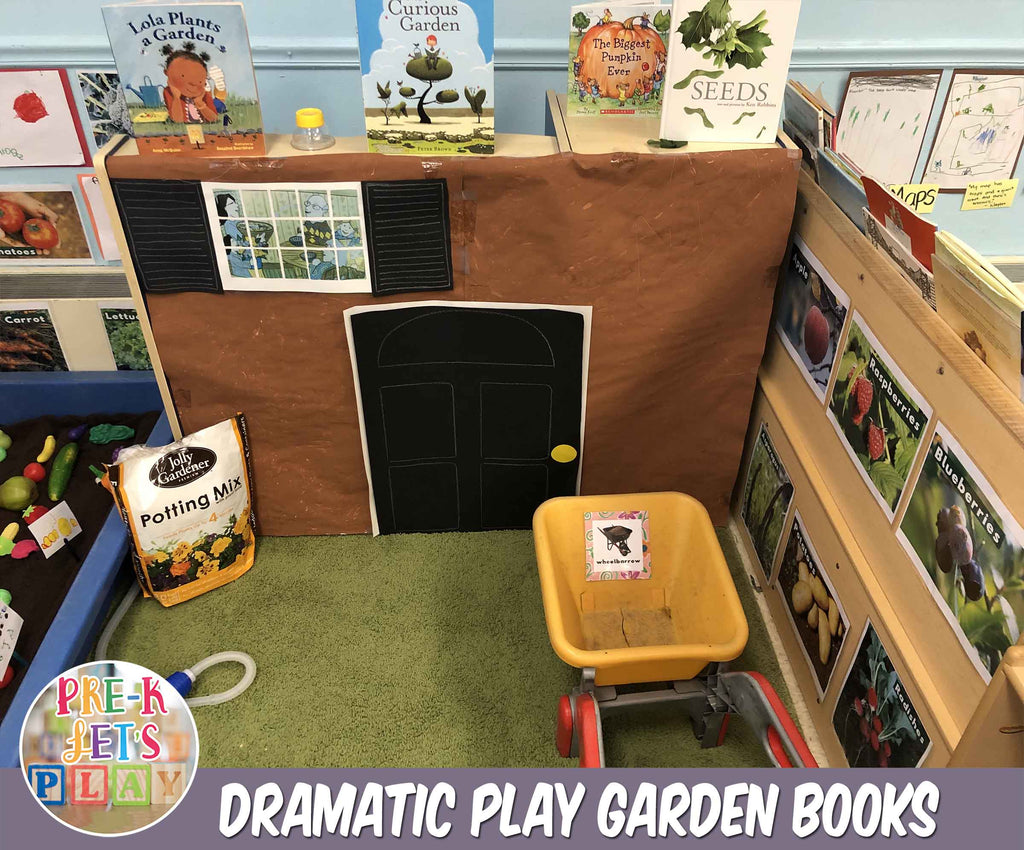 Providing a variety of gardening books in the pretend play garden area can encourage kids to read them and act out what they read. This also helps them draw connections between the book and the realistic process of gardening.