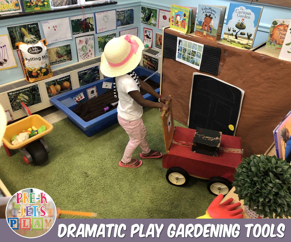 This child with a gardening hat is pretending to mow the lawn all around the dramatic play garden center.
