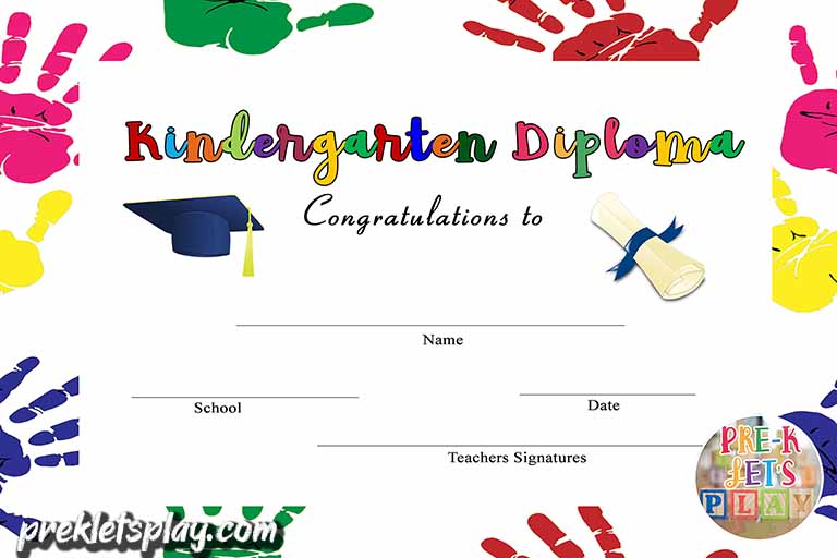 White version of Kindergarten graduation certificate template with multicolor hands as its border.