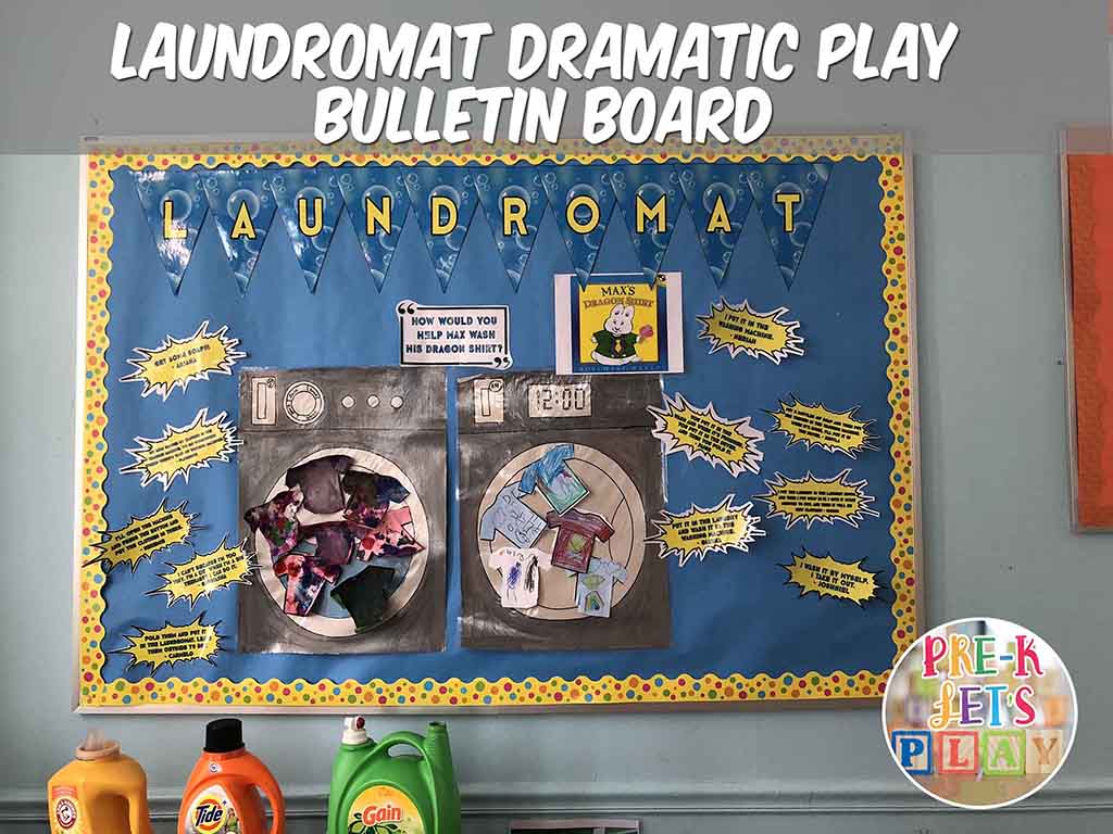 Bulletin board display to represent dramatic play laundromat theme. This board features kids preschool art work and quotes on how they would do laundry. Great way to connect real life experience with pretend play.