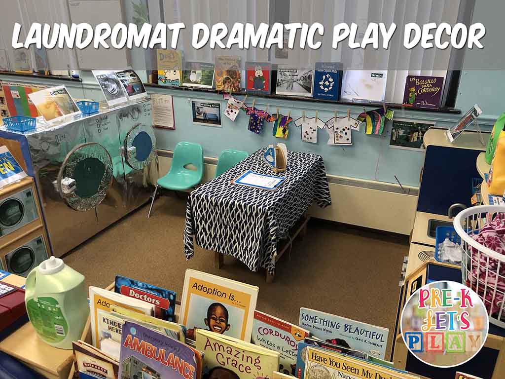 dramatic play transformed into a laundromat for pretend play. Great environment for your students to learn through play.