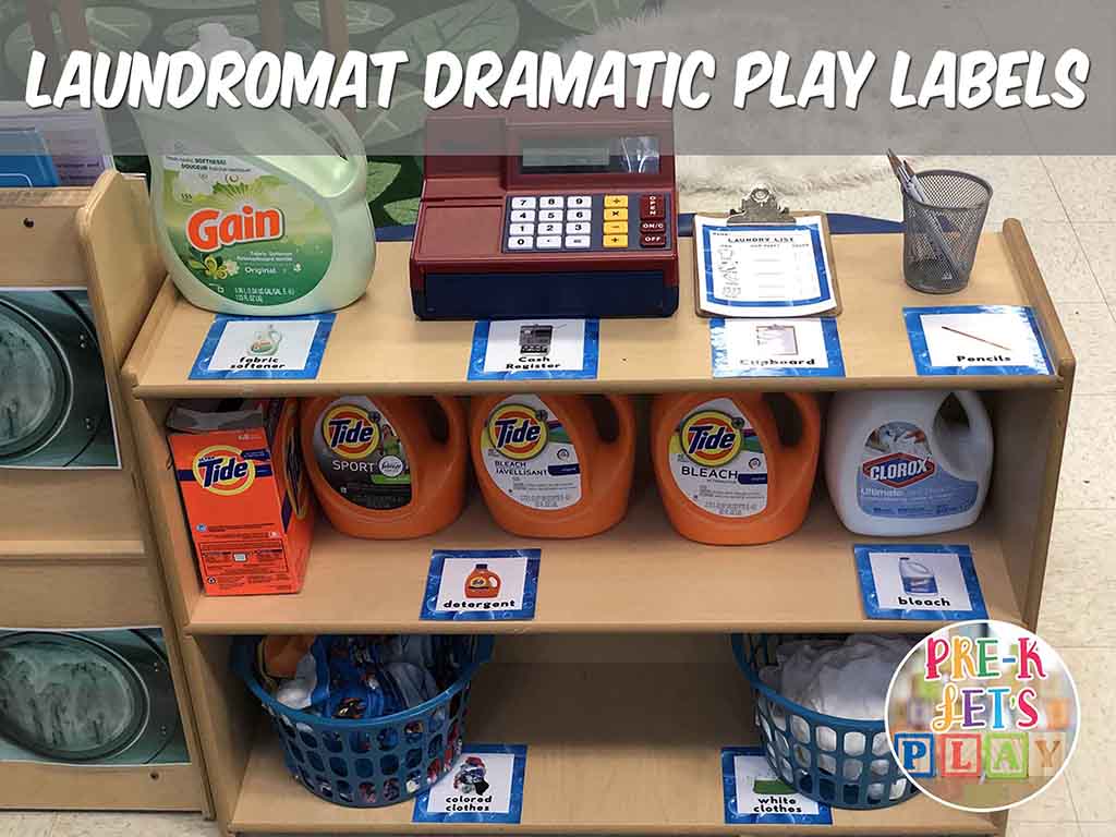 Placing labels all around your dramatic play laundromat is great for pretend play. This also helps your understand the value of print.