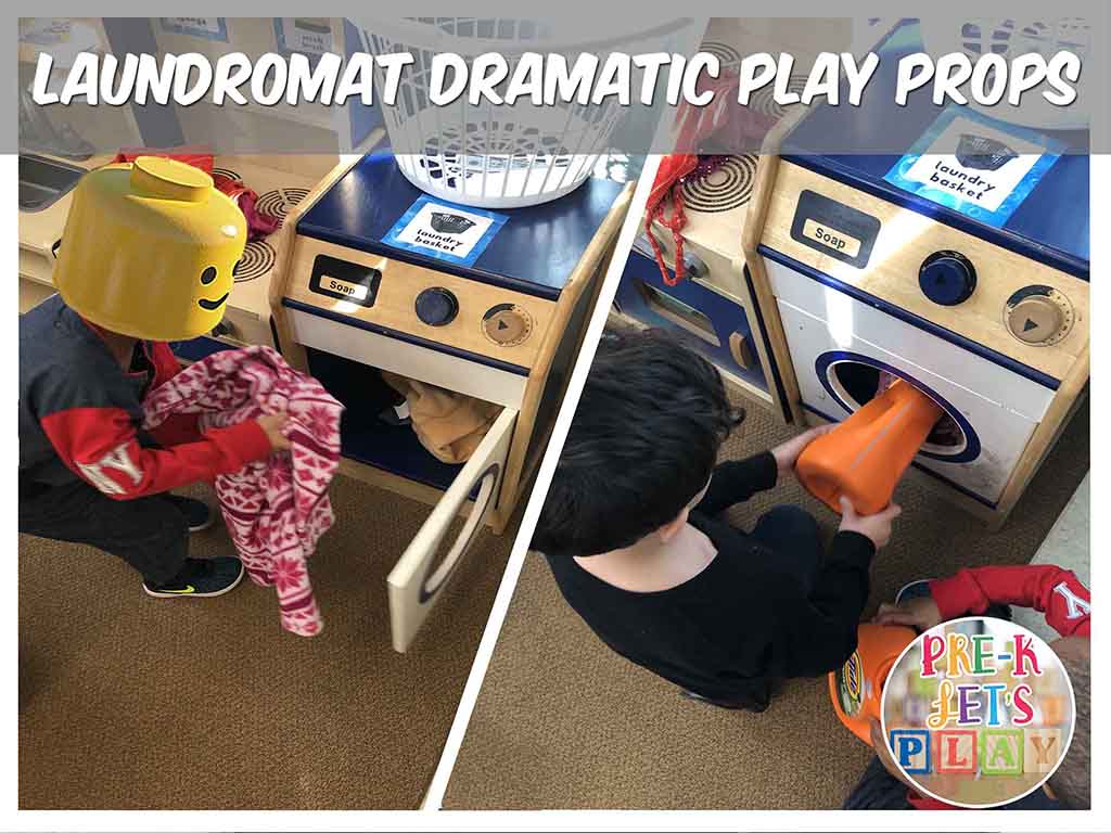Students using laundry props to clean clothes for pretend play. Your students will love this dramatic play laundromat theme.