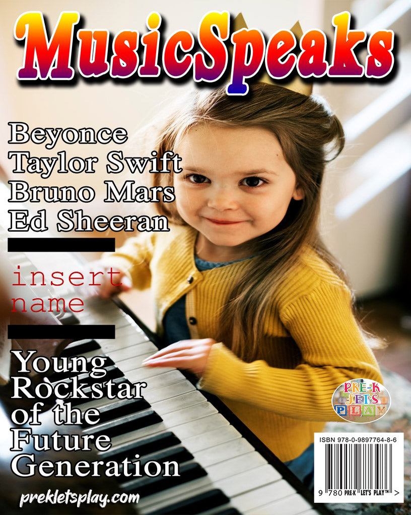 Pretend magazine cover of a young girl playing the piano. Using magazine cover templates with images of your students make great gift ideas for parents and families.