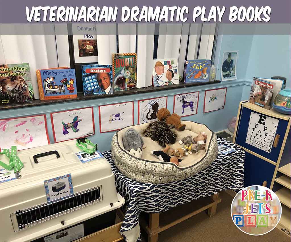 Placing books all around your pet vet dramatic play is great for pretend play. These books are animal related or talk about veterinarians. Great for kids education.