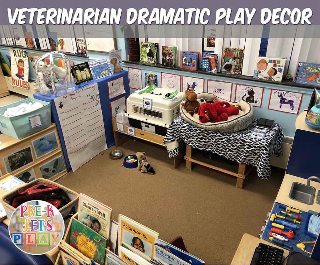 A pet vet clinic is a great preschool theme for pretend play. This dramatic play theme offers tons of play based learning ideas for your students. They will enjoy this setup and have so much preschool fun.