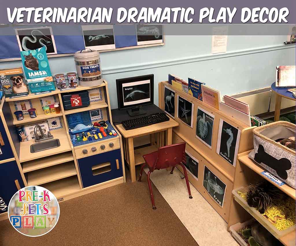 teacher tips on how to decorate your dramatic play center to look like a pet vet.