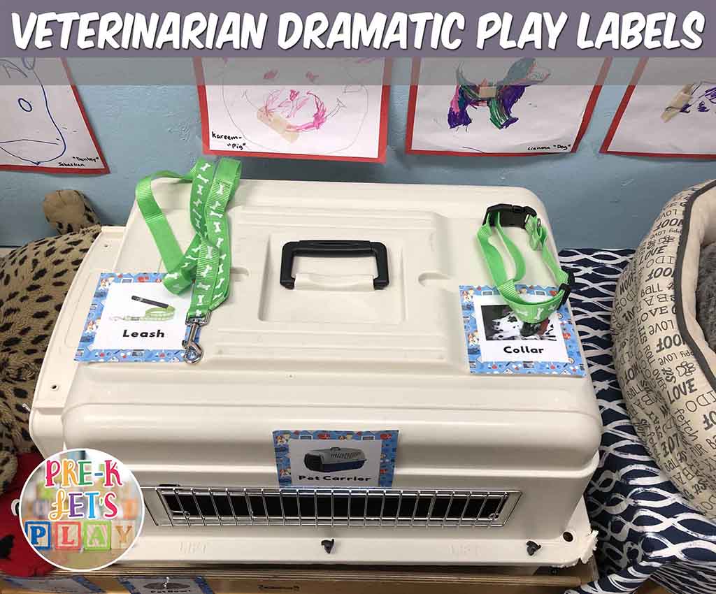Labels help students know where theses pet vet items belong in dramatic play.