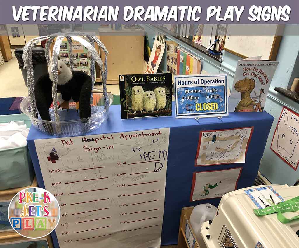 students love to sign-in their names for appointments at the pretend play animal hospital. This play based learning helps students practice their handwriting skills.