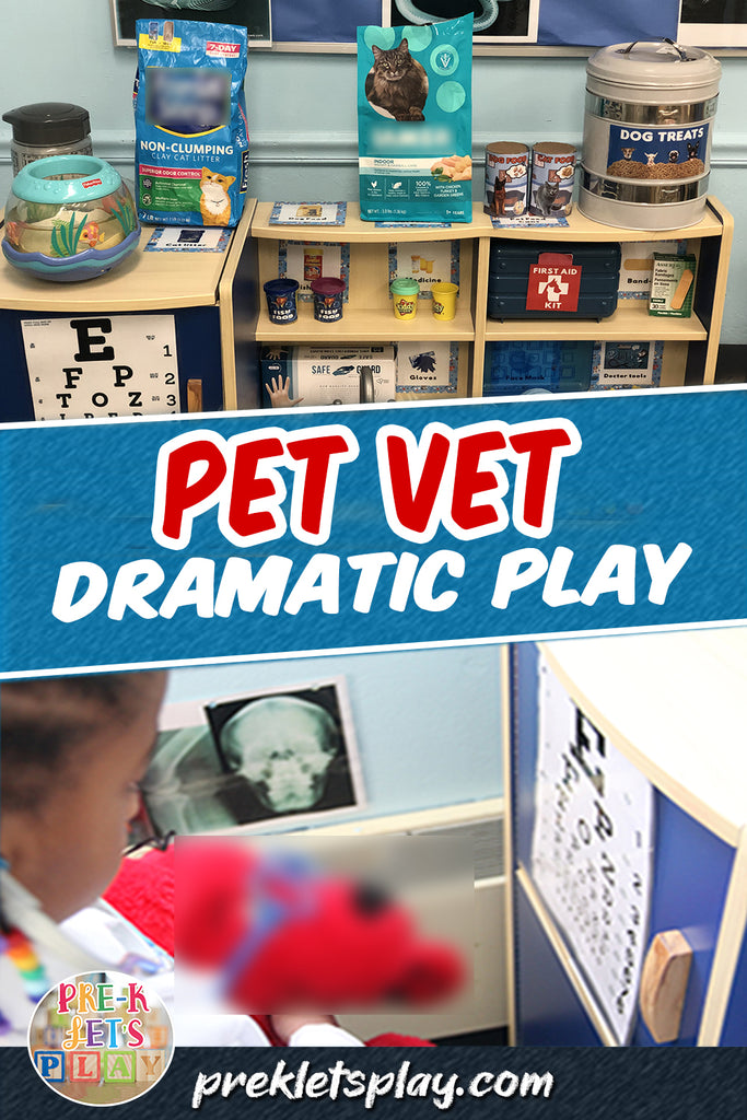 Dramatic play pet vet animal hospital theme for preschool fun.