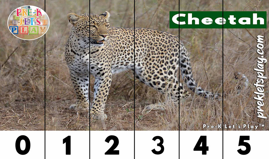 Preschool number strip puzzles of a cheetah for kids to practice counting from 0-5.