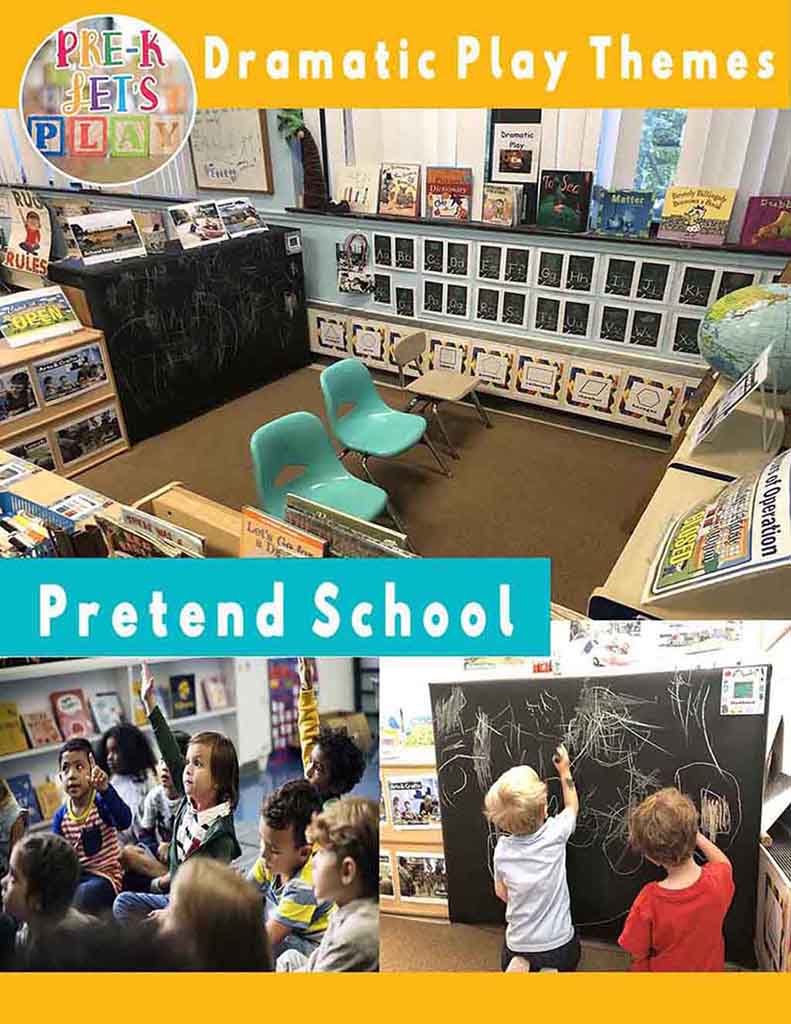 Pretend school dramatic play theme cover. Created by Pre-K Let's Play. Buy this teacher resource at my teachers pay teachers store.