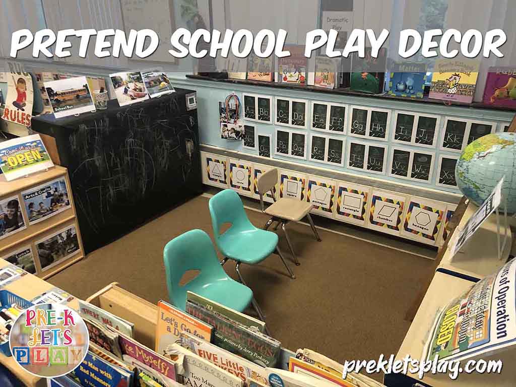 Setup of dramatic play pretend school area for preschoolers. Kids will pretend to teach, learn and play in this area.