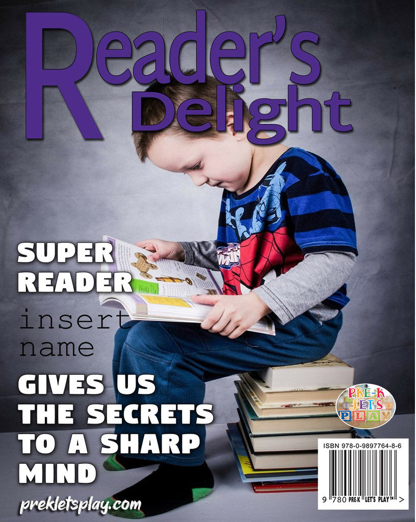 Pretend Magazine cover of Readers Digest. Student is sitting on a stack of books while reading a book.