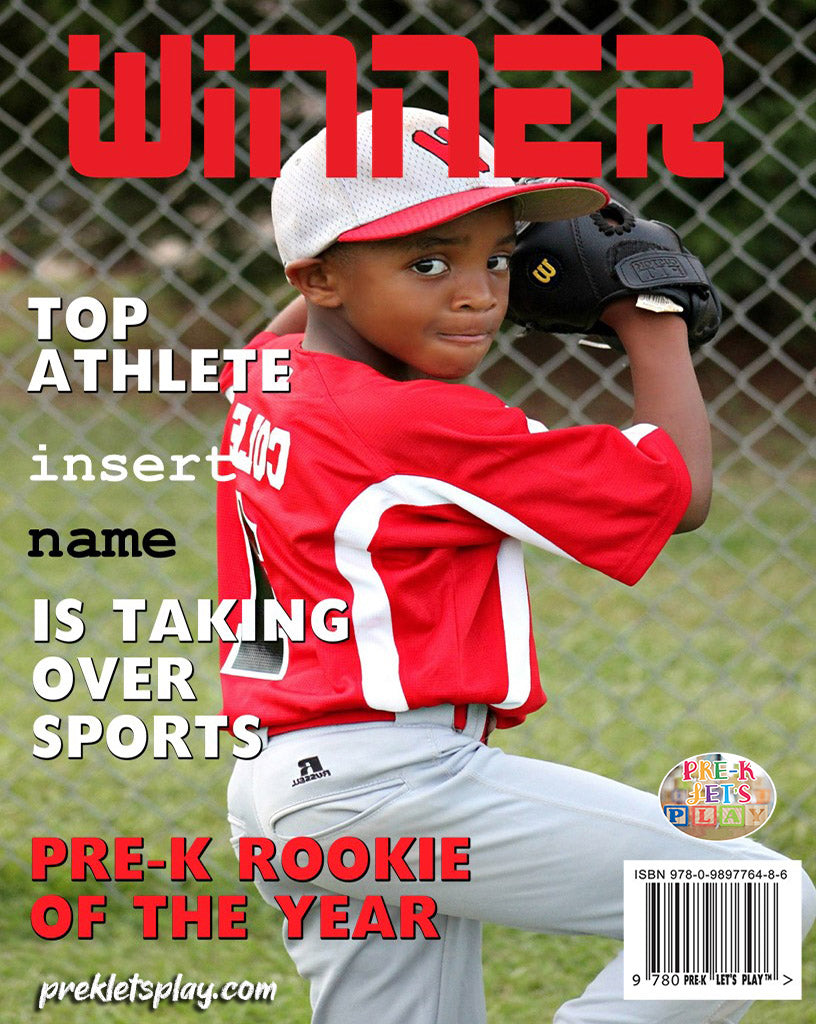 Boy playing baseball posing for a pretend magazine cover.