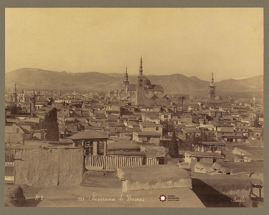 Late 19th century general view Great Mosque of Damascus and her three Minarets (from the left: Qaitbay, Isa and Bride)  