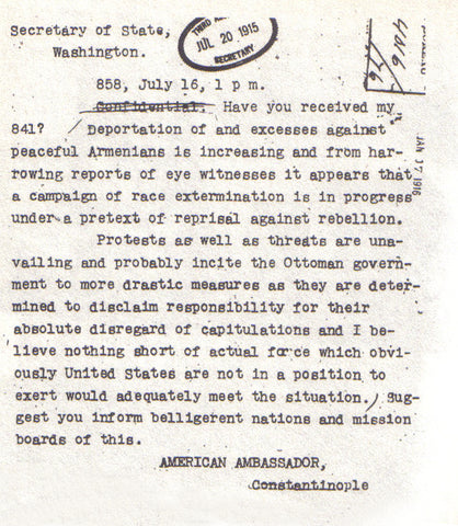 1916 July 1 Telegram from Ambassador Morgenthau to the State Department