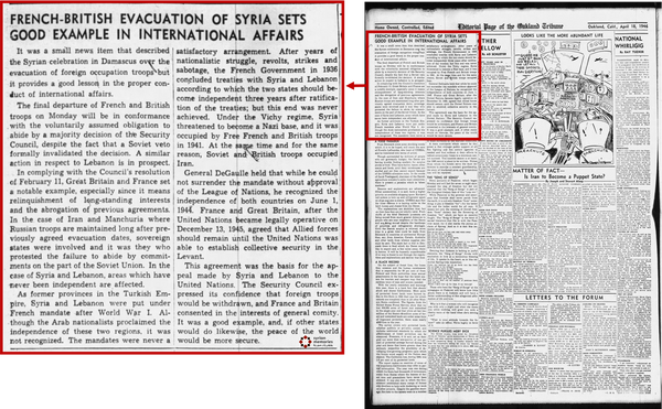 1946-4-18-Oakland Tribune Editorial - Syrian Independence Day Coverage