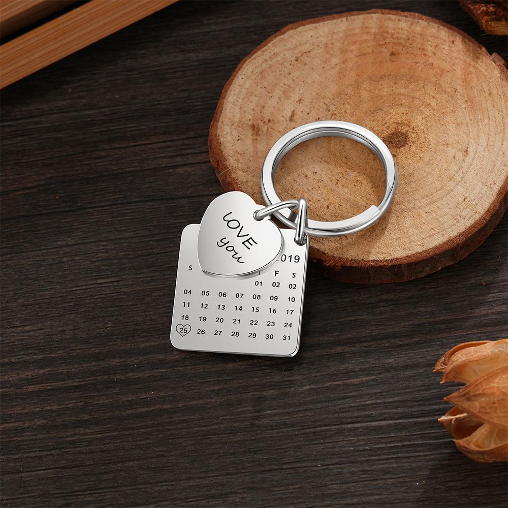 Photo Keychain Personalized with Calendar and Engraved Heart Charm
