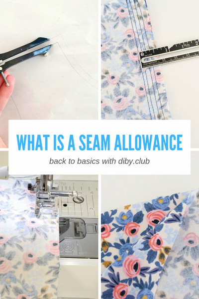 Image with four pictures of sewing activities and the words What is a seam allowance? Back to Basics with diby.com