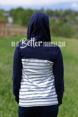 Back view of striped Babe Hoodie featuring color blocking and half zip. DIBY Club tutorial. 