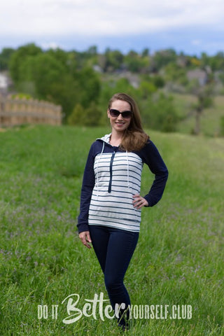 Front view of color block striped Babe Hoodie with a half zip. DIBY Club Tutorial. 