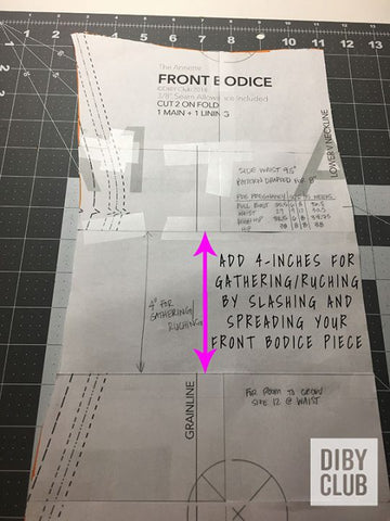 Annette Swimsuit pattern piece showing where to add the length in the middle of the piece. Text on the image reads "Add 4-inches for gathering/ruching by slashing and spreading your front bodice piece."
