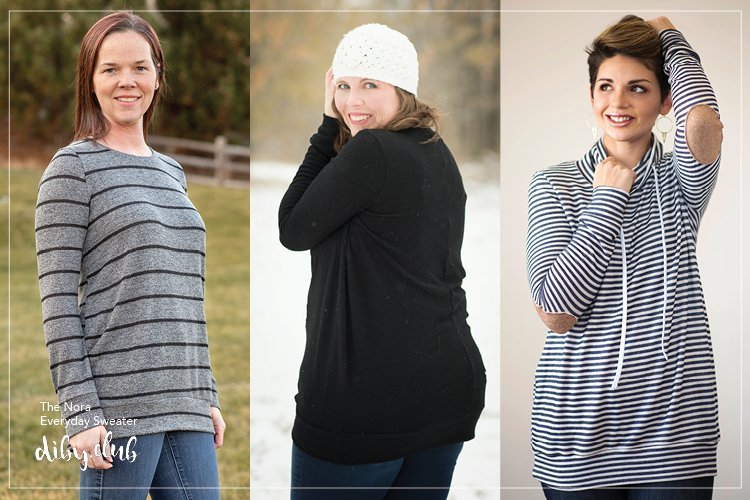 Three women standing each wearing a different Nora sweater. One sweater is gray with black stripes, one is solid black, the third is white with small black stripes and tan elbow patches. The first two women are Caucasian, the third is hispanic. 