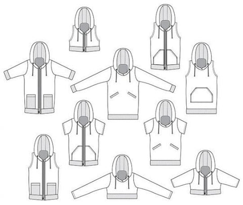 Line Drawings of Babe Hoodie Options including sleeveless, short sleeve, cropped, and no zip versions.