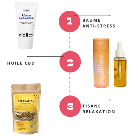 Gapianne's anti-stress routine with an anti-stress balm, CBD oil and a relaxation herbal tea.
