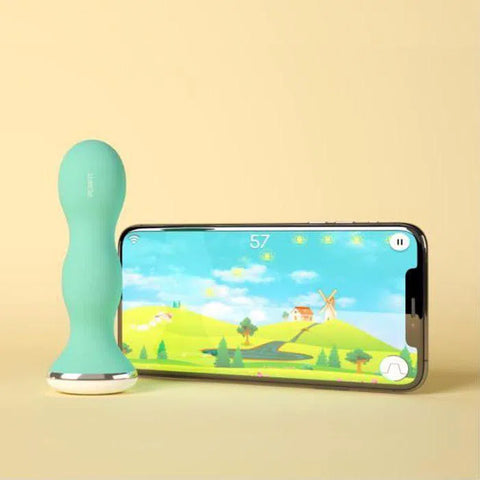 Perifit blue perineal probe to strengthen the perineum next to a phone connected to the application