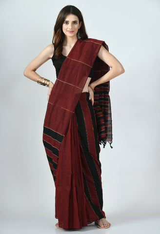 Swapna Creation Maroon-Black Khesh Cotton Saree with Stripes